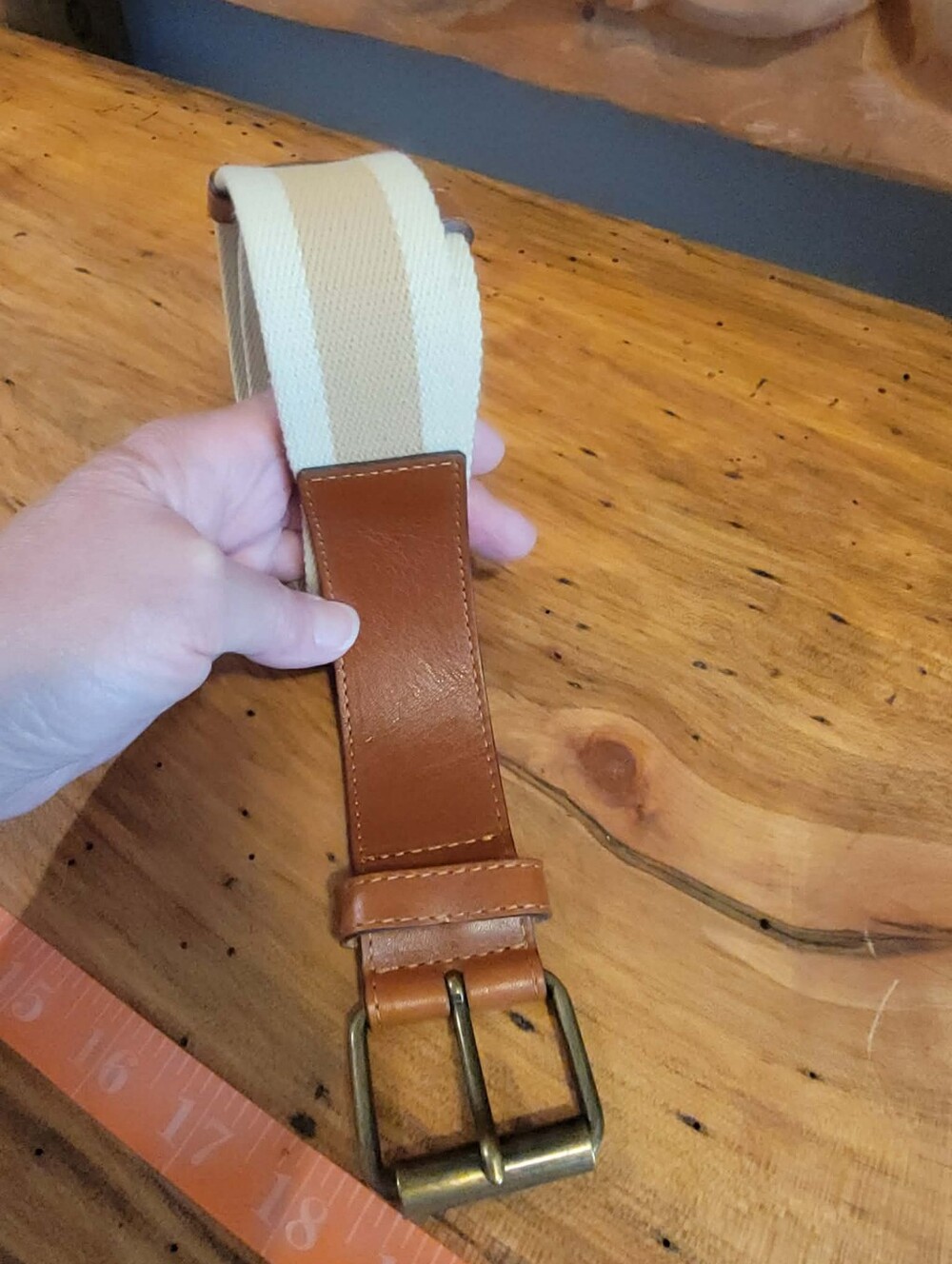 French Connection Cream & Tan Canvas and Brown Cow Leather Belt w/Brass Buckle